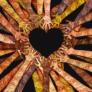 Black cultural or African Culture Love and Black History month awareness as diverse hands shaped as a heart for united diversity or multi-cultural partnership in a group of multicultural people connected together in respect as a support for teamwork and togetherness.
